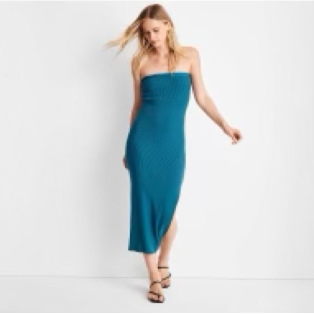 NWT Future Collective Jenny K Lopez Blue Ribbed Strapless Dress High Slit Medium